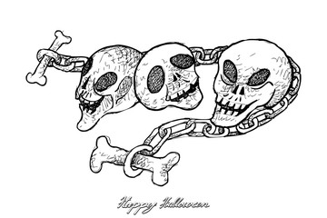 Holidays And Celebrations, Illustration Hand Drawn Sketch of Human Skull and Chains Isolated on White Background. Sign For Halloween Festival.