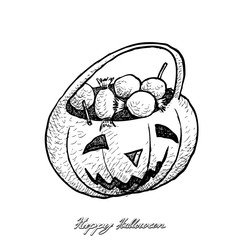 Holidays And Celebrations, Illustration Hand Drawn Sketch of Jack-o-Lantern Pumpkins with Candies Isolated on White Background. Sign For Halloween Festival.