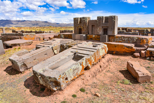 Elaborate stone carving in megalithic stone at Puma Punku, part of the Tiwanaku archaeological complex, a UNESCO world heritage site near La Paz, Bolivia.