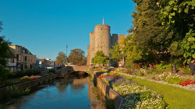 Wide angle shot of the famous medieval town of Canterbury, England, UK, a UNESCO World Heritage Site, featuring the Westgate fort
