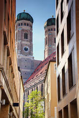 Twin towers of Gothic Frauenkirche cathedral, national landmark and symbol of Bavarian capital...