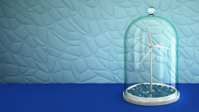 Windmill in sea under glass bulb on table . 3D 4K