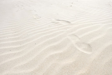 Fototapeta na wymiar Footprints on the white sand waves beach background.