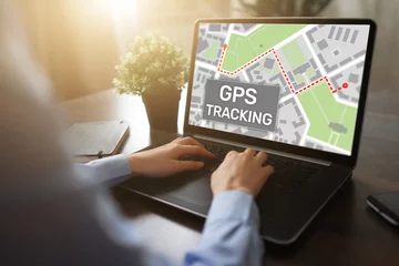 Stof per meter GPS (Global positioning system) tracking map on device screen. © WrightStudio