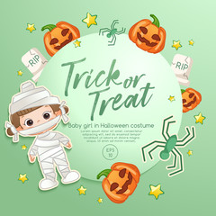 Fototapeta premium Baby Girl in Halloween Costume : Card Layout Template : Vector Illustration
