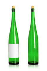 Green wine bottles isolated on white background. Beverage container in long shape with blank label. ( Clipping path )