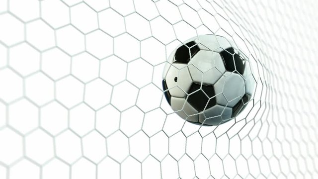Beautiful Soccer Ball flies into Goal Net in Slow Motion. Football 3d animation 4k