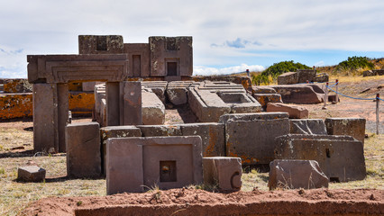Elaborate carving in megalithic stone at Puma Punku, part of the Tiwanaku archaeological complex, a...