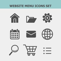 Website menu flat vector icons set. Address, folder, settings, email, letter, mail, calendar, planning, globe, magnifier, search, shopping, shopping cart, menu icons set