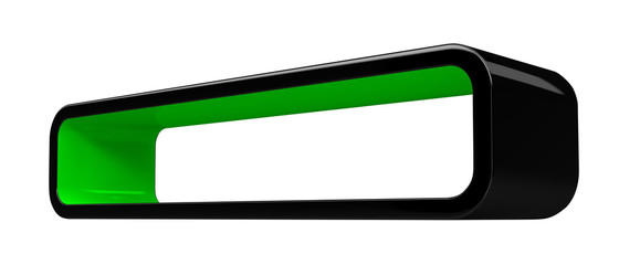 Modular 3D rendered shelves for product placement. Elongated black element with green inner space, on white background