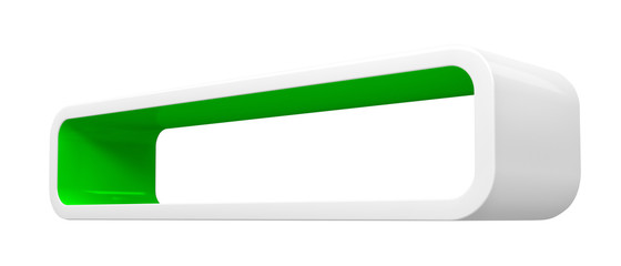 Modular 3D rendered shelves for product placement. Elongated white element with green inner space, on white background