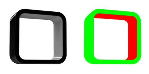 Modular 3D rendered shelves for product placement. Square black element with grey inner space. With RGB mask