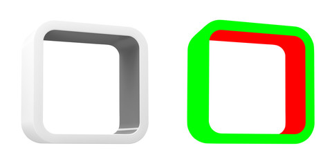 Modular 3D rendered shelves for product placement. Square white element with grey inner space. With RGB mask