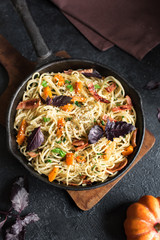 Autumn pasta with pumpkin and bacon