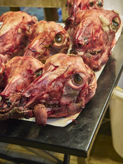 Lamb heads in a butchery  of Varvakios, Central Market of Athens. Attica region, Greece.