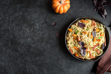 Autumn pasta with pumpkin and bacon