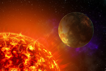 Photo of the sun in space. Close up view of a burning sun in space. Plasma Background. 3d illustration