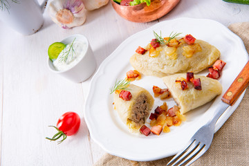 Cepelinai, a specialty Lithuanian and Polish cuisine.