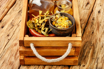 Healing herbs and roots in box