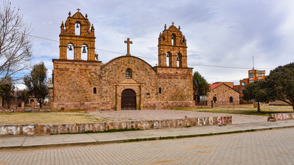 The church in the town of Laja, beleived to have built from stones from the Tiwanaku archaeological...