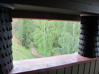 Beautiful view from the balcony to the lake and the forest