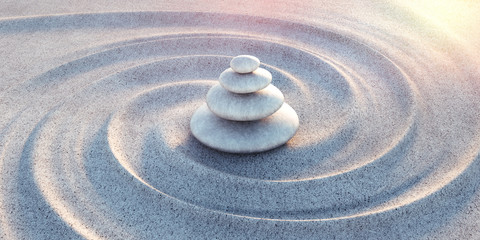 Zen - Steinturm im Sand mit Wellen - obrazy, fototapety, plakaty