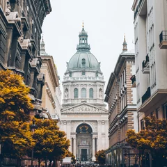 Fotobehang stadsgezicht van de oude kerk van Boedapest in het centrum. de herfst komt eraan © phpetrunina14