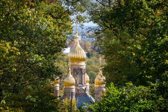 Golden domes of Russian Orthodox Church in Wiesbaden