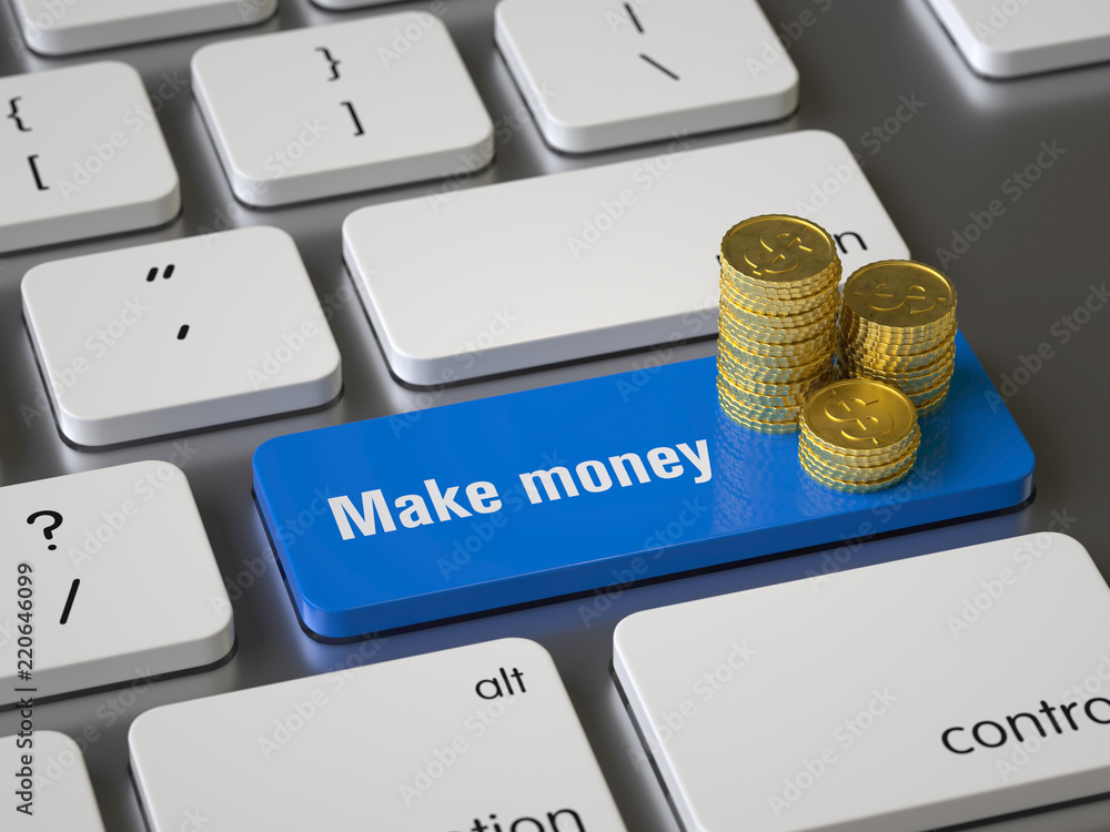 Aufkleber make money key on the keyboard, 3d rendering,conceptual image.