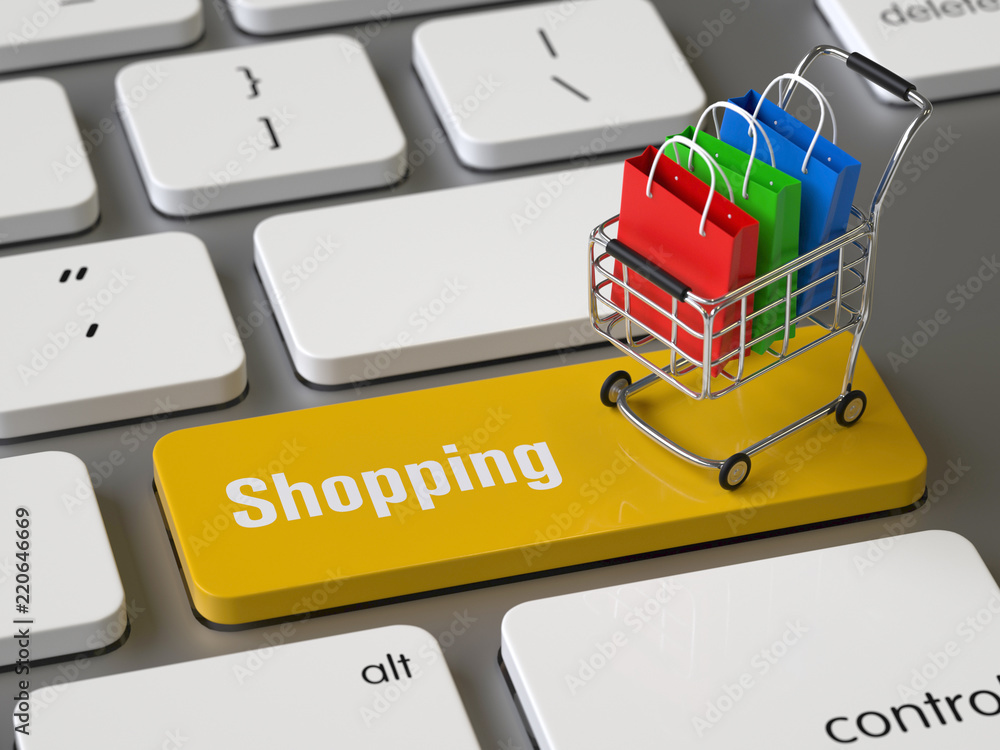 Poster shopping key on the keyboard, 3d rendering,conceptual image.