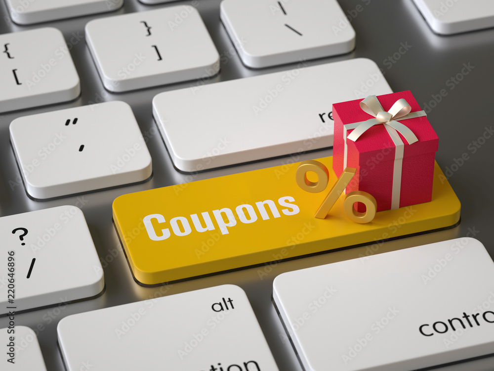 Poster coupons key on the keyboard, 3d rendering,conceptual image.