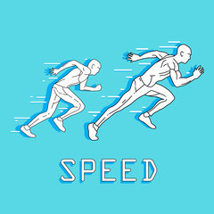 two men running walk marathon speed graphical logo for brand blue 