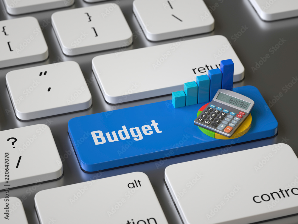 Poster budget key on the keyboard, 3d rendering,conceptual image.