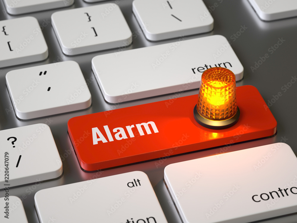 Aufkleber alarm key on the keyboard, 3d rendering,conceptual image.