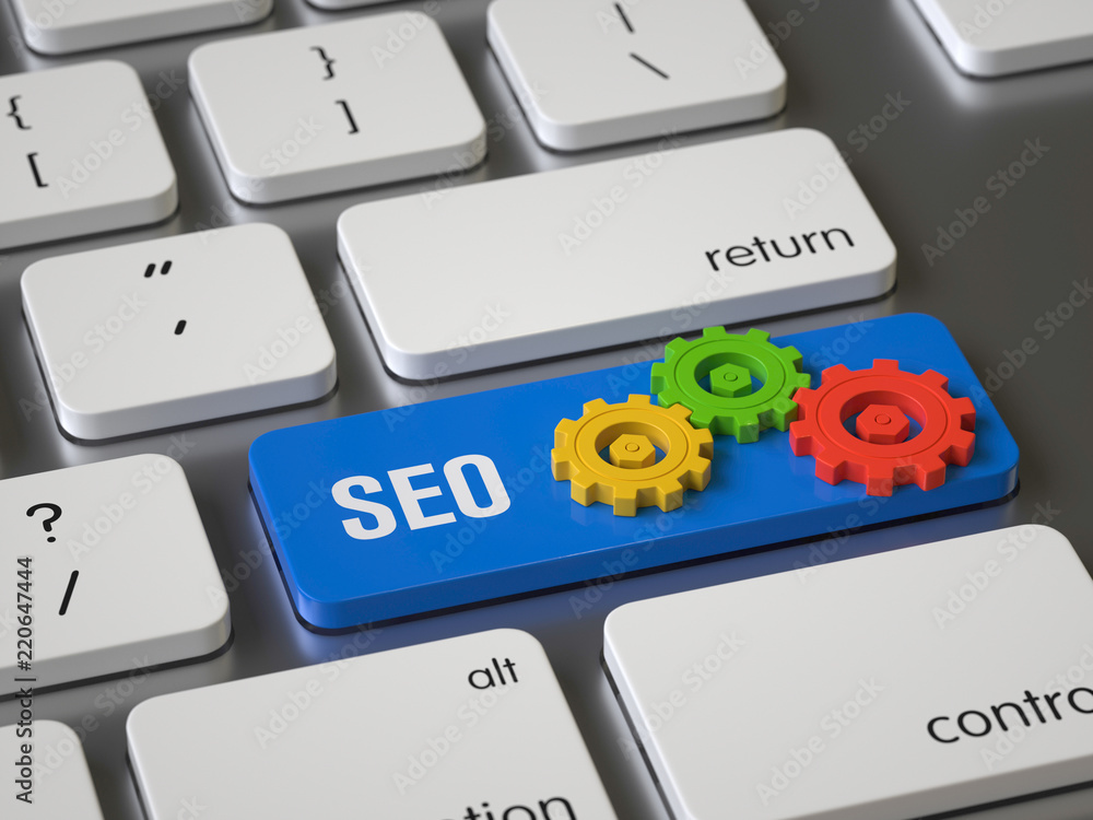 Poster seo key on the keyboard, 3d rendering,conceptual image.