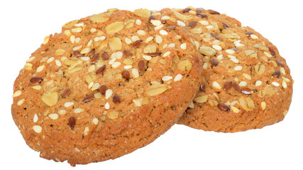 Round cereal cookies with sunflower seeds and oat flakes isolated