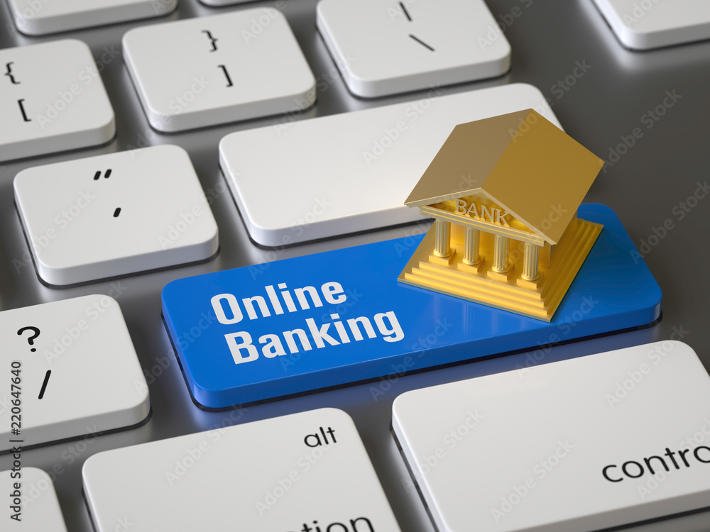 Aufkleber online banking key on the keyboard, 3d rendering,conceptual image.