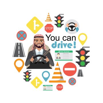 Set of road symbols and driver arab businessman character