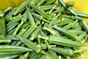 Heaps of Okra in a plastic tub