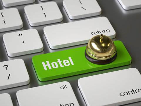 Hotel key on the keyboard, 3d rendering,conceptual image