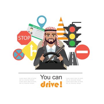 Set of road symbols and driver arab businessman character