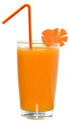 Glass of carrot juice decorated sliced carrots isolated