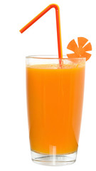 Glass of carrot juice decorated sliced carrots isolated