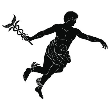 Ancient Greek god Hermes with a wand in his hand and wings on his feet. Figure on the bottom of the vase.