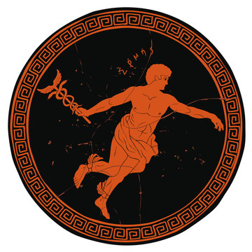 Ancient Greek god Hermes with a wand in his hand and wings on his feet. Figure on the bottom of the vase.