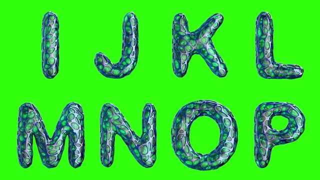 Alphabet from blue plastic with abstract holes isolated on a green background. I J K L M N O P . 4K