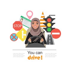 Set of road symbols and driver arab businesswomen character