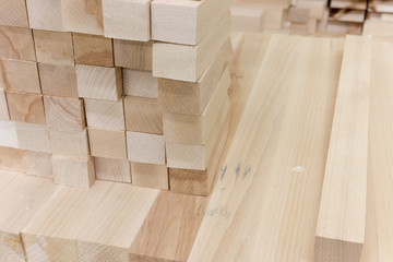 Wooden bars in the carpentry shop for furniture production