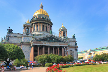 Saint Isaac's Cathedral in St. Petersburg, Russia. Active Orthodox Church and Museum Building, Famous Saint Petersburg City Travel Landmark. Saint Isaac Cathedral Outdoor View on Sunny Summer Day