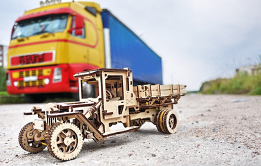 Truck model made of wood. This toy truck (35 cm long) made entirely of wood and without glue